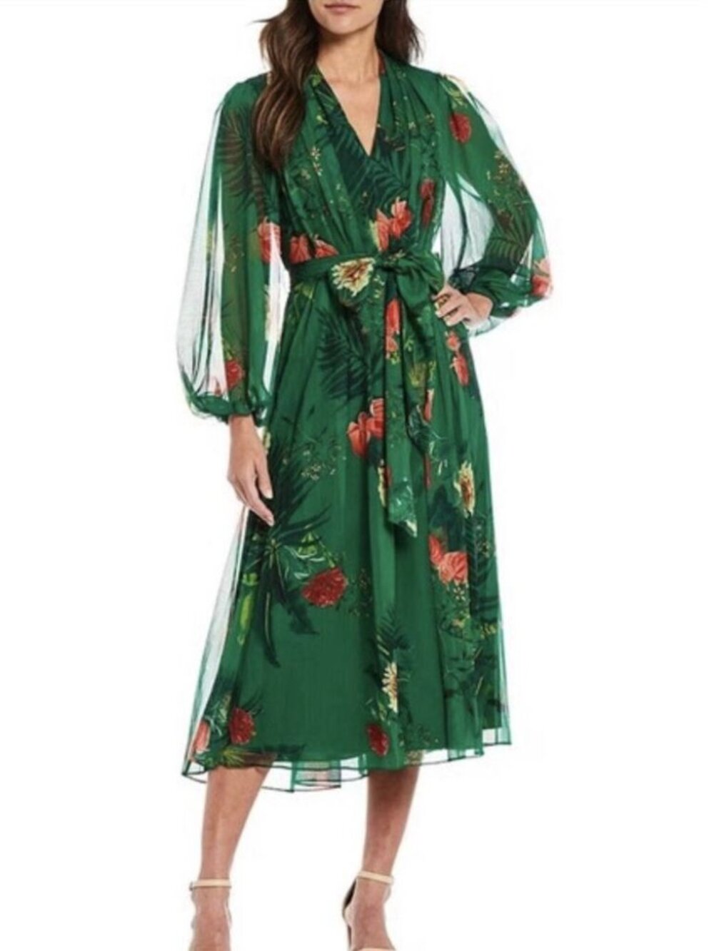 Alex Marie Hayden Green pleated Tropical Print Dress Size 14